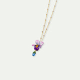 Violet Flower and Hanging Blue Stone Beaded Chain Pendant Necklace