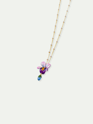 Violet Flower and Hanging Blue Stone Beaded Chain Pendant Necklace