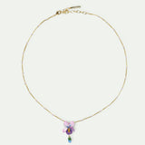 Violet Flower and Hanging Blue Stone Beaded Chain Pendant Necklace