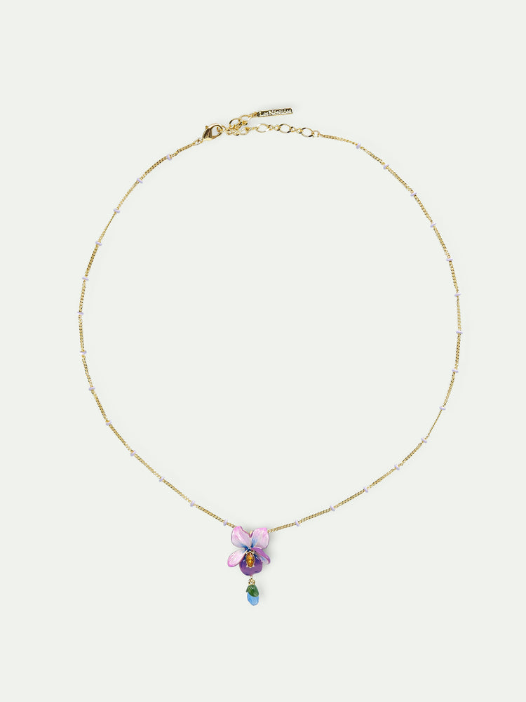 Violet Flower and Hanging Blue Stone Beaded Chain Pendant Necklace