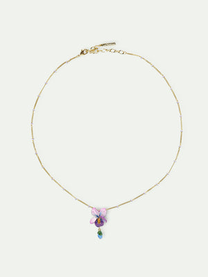 Violet Flower and Hanging Blue Stone Beaded Chain Pendant Necklace