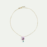 Violet Flower and Hanging Blue Stone Beaded Chain Pendant Necklace