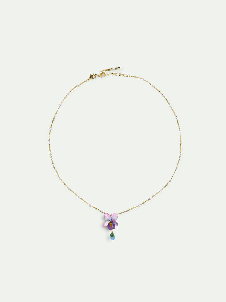 Violet Flower and Hanging Blue Stone Beaded Chain Pendant Necklace