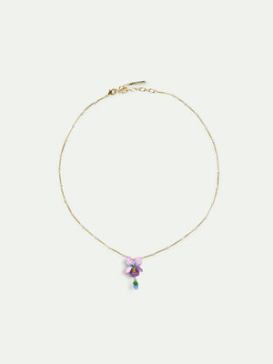 Violet Flower and Hanging Blue Stone Beaded Chain Pendant Necklace