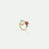 Adjustable Ring with Pink and Blue Flowers and Round Mother of Pearl Stone