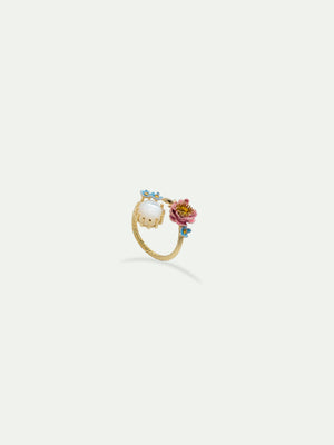 Adjustable Ring with Pink and Blue Flowers and Round Mother of Pearl Stone