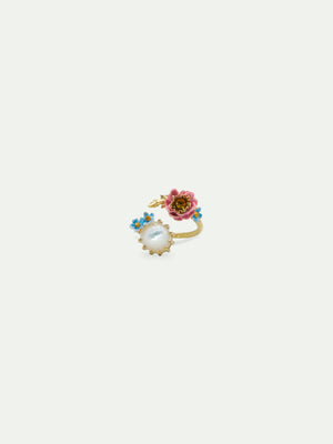 Adjustable Ring with Pink and Blue Flowers and Round Mother of Pearl Stone