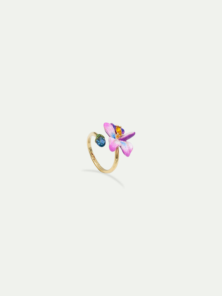 Violet Flower and Blue Cut Stone Adjustable Ring