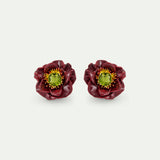 Burgundy Anemone Flower and Green Faceted Stone Clip-On Earrings
