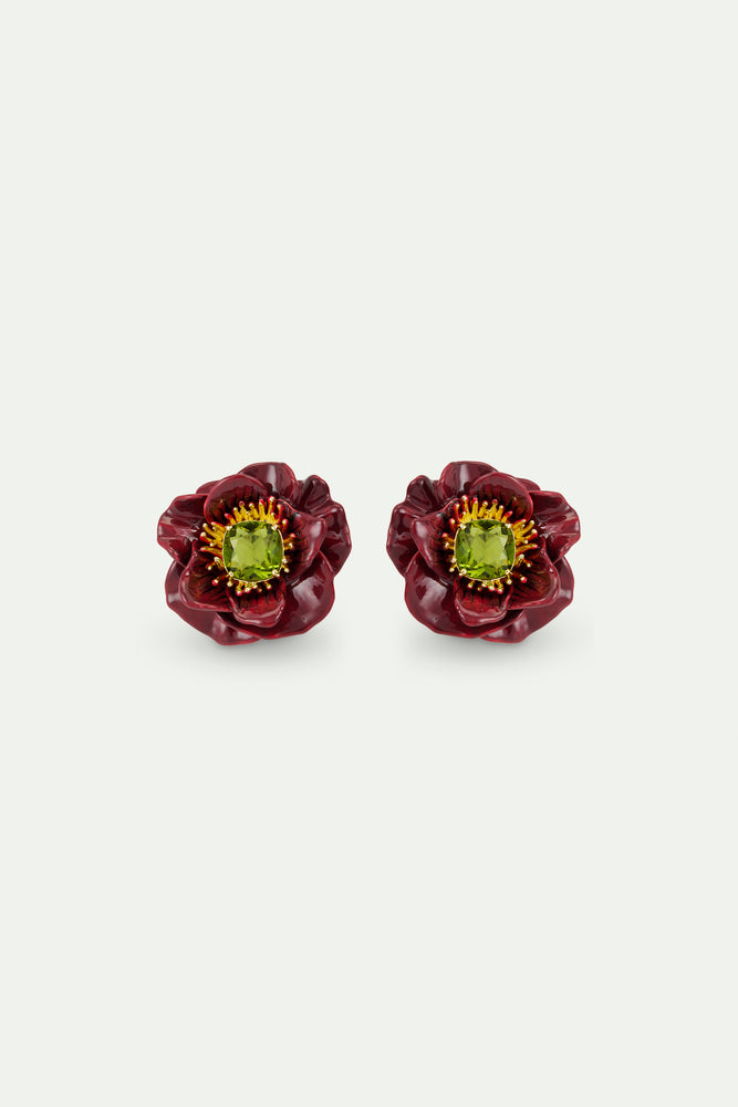 Burgundy Anemone Flower and Green Faceted Stone Clip-On Earrings