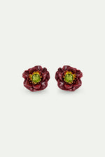 Burgundy Anemone Flower and Green Faceted Stone Clip-On Earrings