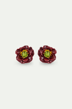 Burgundy Anemone Flower and Green Faceted Stone Clip-On Earrings