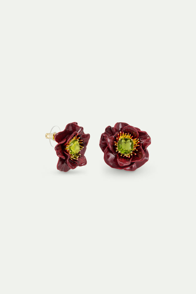 Burgundy Anemone Flower and Green Faceted Stone Post Earrings