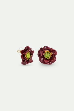 Burgundy Anemone Flower and Green Faceted Stone Post Earrings