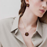 Pendant Necklace with Burgundy Anemone Flower and Green Faceted Stone