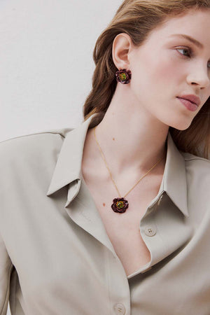 Pendant Necklace with Burgundy Anemone Flower and Green Faceted Stone