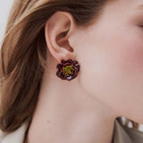 Burgundy Anemone Flower and Green Faceted Stone Clip-On Earrings