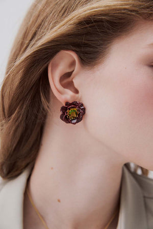 Burgundy Anemone Flower and Green Faceted Stone Post Earrings