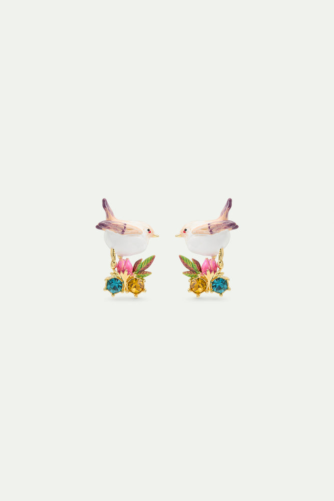 Snow Bunting Post Earrings with Rosebud and Crystals