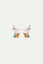 Snow Bunting Post Earrings with Rosebud and Crystals