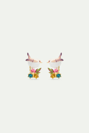 Snow Bunting Post Earrings with Rosebud and Crystals
