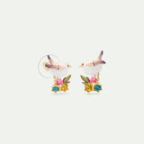 Snow Bunting Post Earrings with Rosebud and Crystals