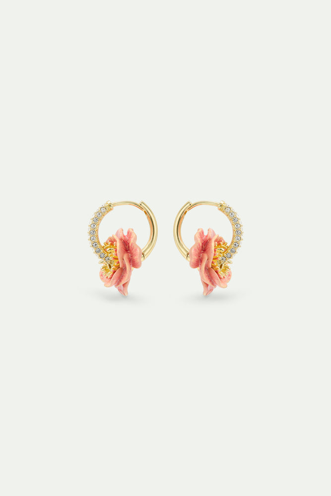 Rhinestone Hoop Post Earrings with Pink Anemone