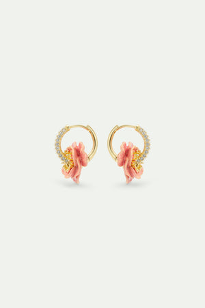 Rhinestone Hoop Post Earrings with Pink Anemone