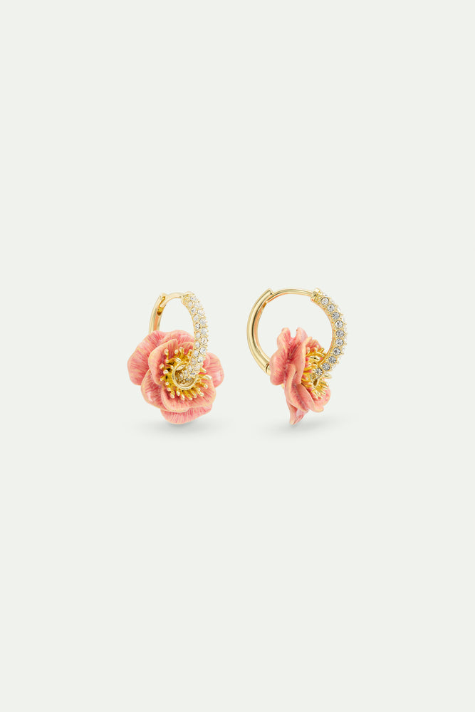 Rhinestone Hoop Post Earrings with Pink Anemone