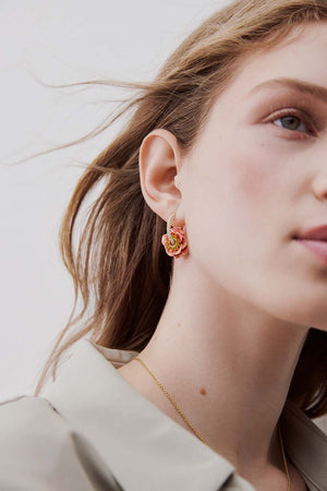 Rhinestone Hoop Post Earrings with Pink Anemone
