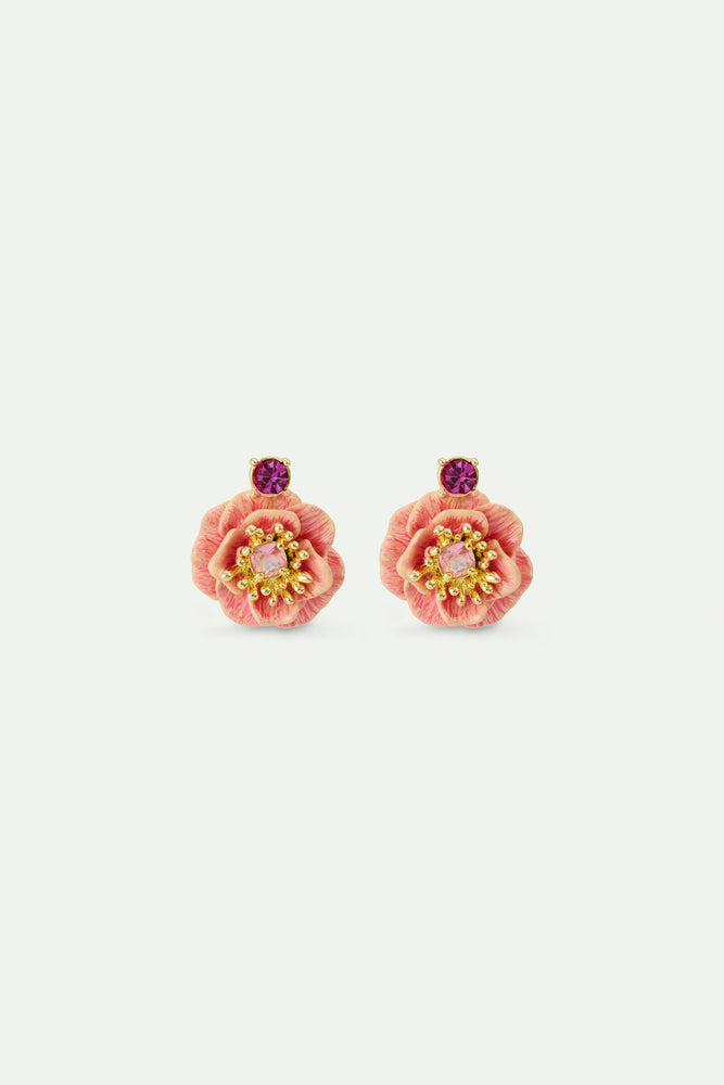 Pink Anemone and Crystal Sleeper Earrings