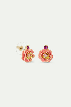 Pink Anemone and Crystal Post Earrings