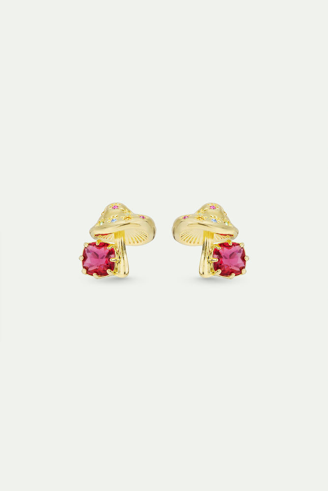 Gold Mushroom and Pink Faceted Stone Clip-On Earrings