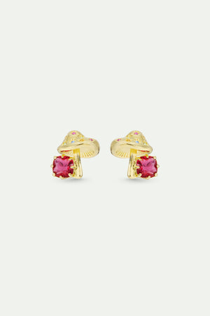 Gold Mushroom and Pink Faceted Stone Clip-On Earrings