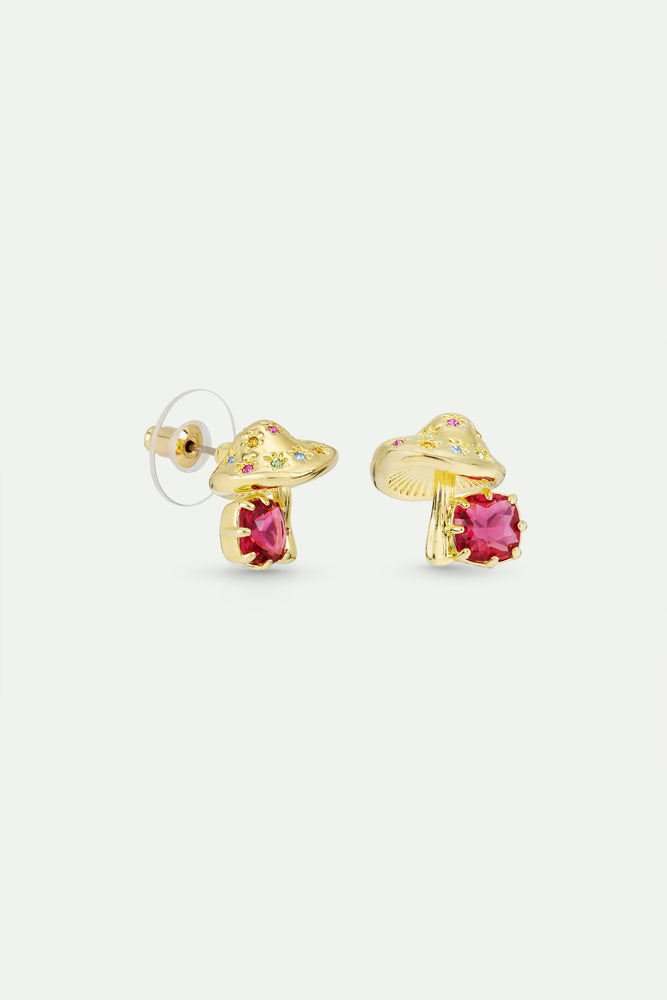 Gold Mushroom and Pink Faceted Stone Post Earrings