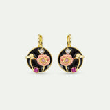 Black Medallion Clip-On Earrings with Mushroom, Anemone and Crystals
