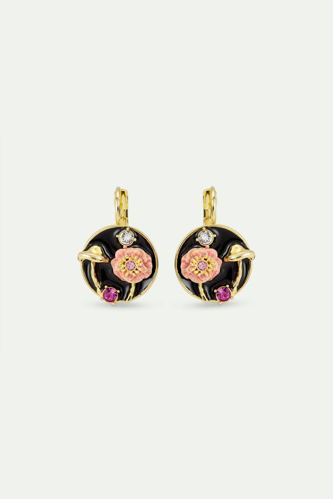 Black Medallion Clip-On Earrings with Mushroom, Anemone and Crystals