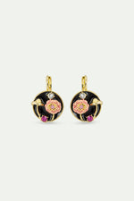 Black Medallion Clip-On Earrings with Mushroom, Anemone and Crystals