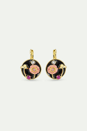 Black Medallion Clip-On Earrings with Mushroom, Anemone and Crystals