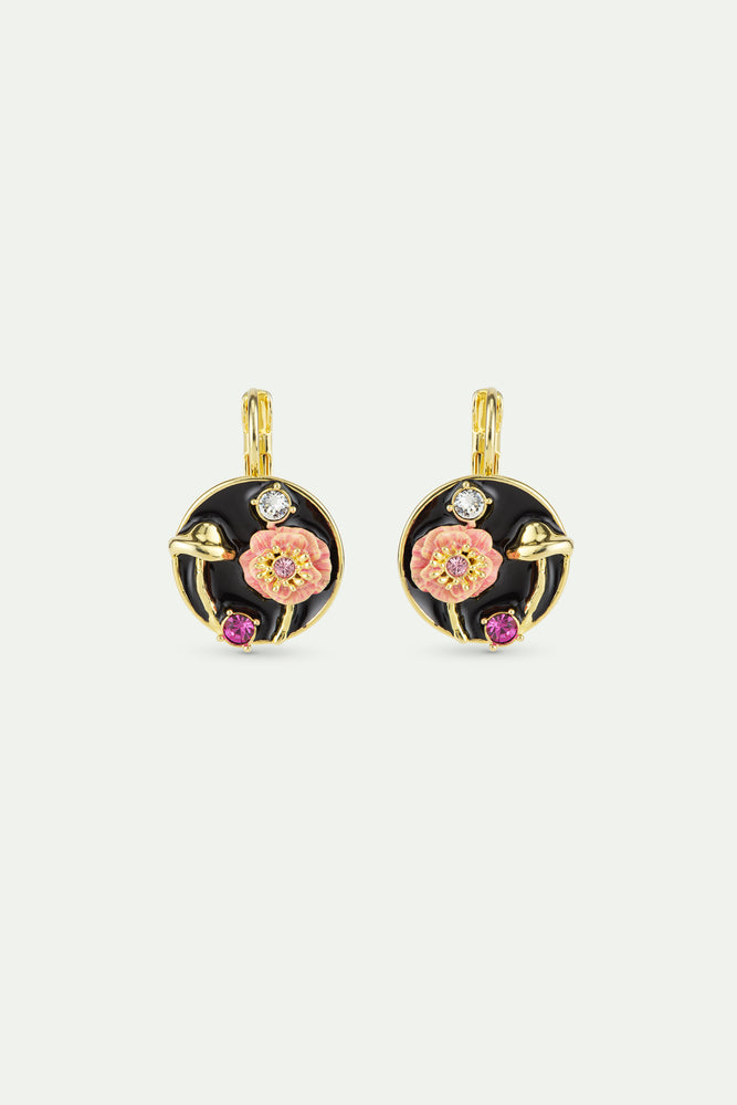 Black Medallion Sleeper Earrings with Mushroom, Anemone and Crystals