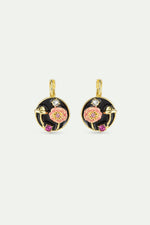 Black Medallion Sleeper Earrings with Mushroom, Anemone and Crystals