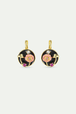 Black Medallion Sleeper Earrings with Mushroom, Anemone and Crystals