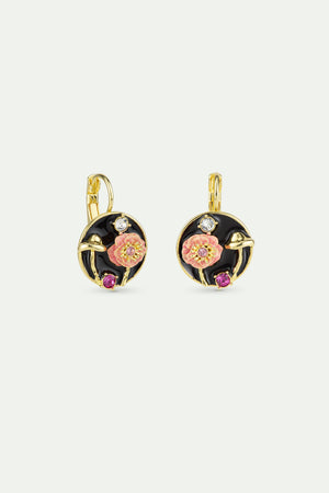 Black Medallion Sleeper Earrings with Mushroom, Anemone and Crystals