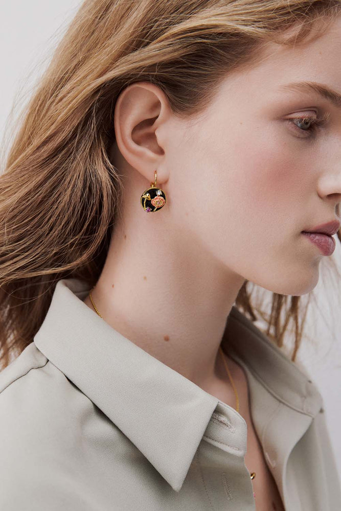 Black Medallion Sleeper Earrings with Mushroom, Anemone and Crystals