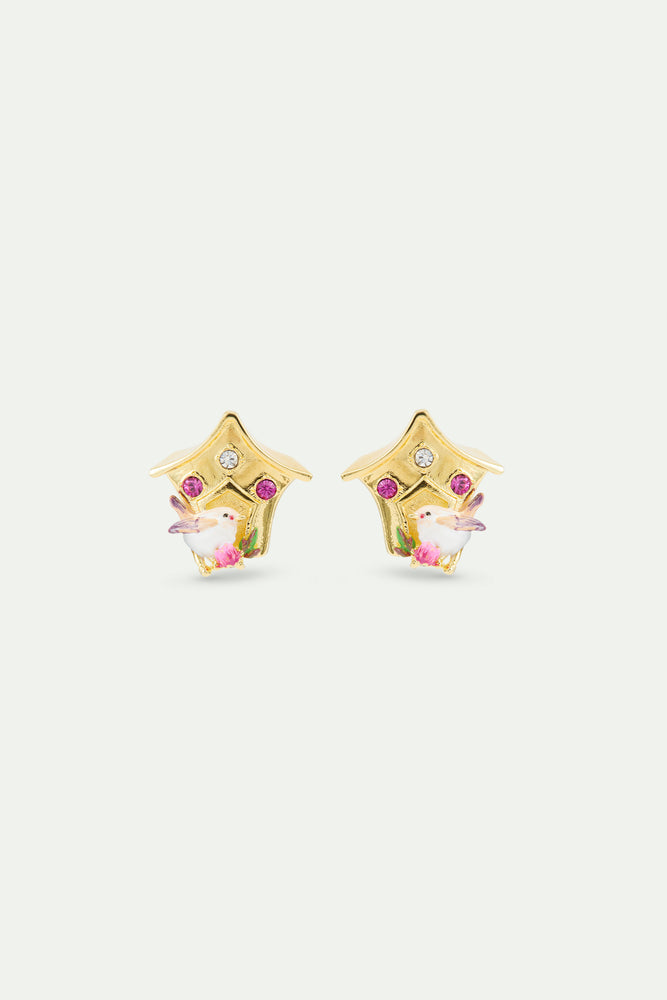 Birdhouse Post Earrings, with Snow Bunting and Pink Crystals