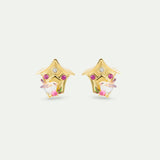 Birdhouse Clip-On Earrings, with Snow Bunting and Pink Crystals