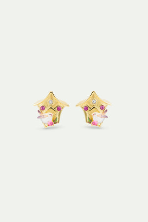 Birdhouse Clip-On Earrings, with Snow Bunting and Pink Crystals