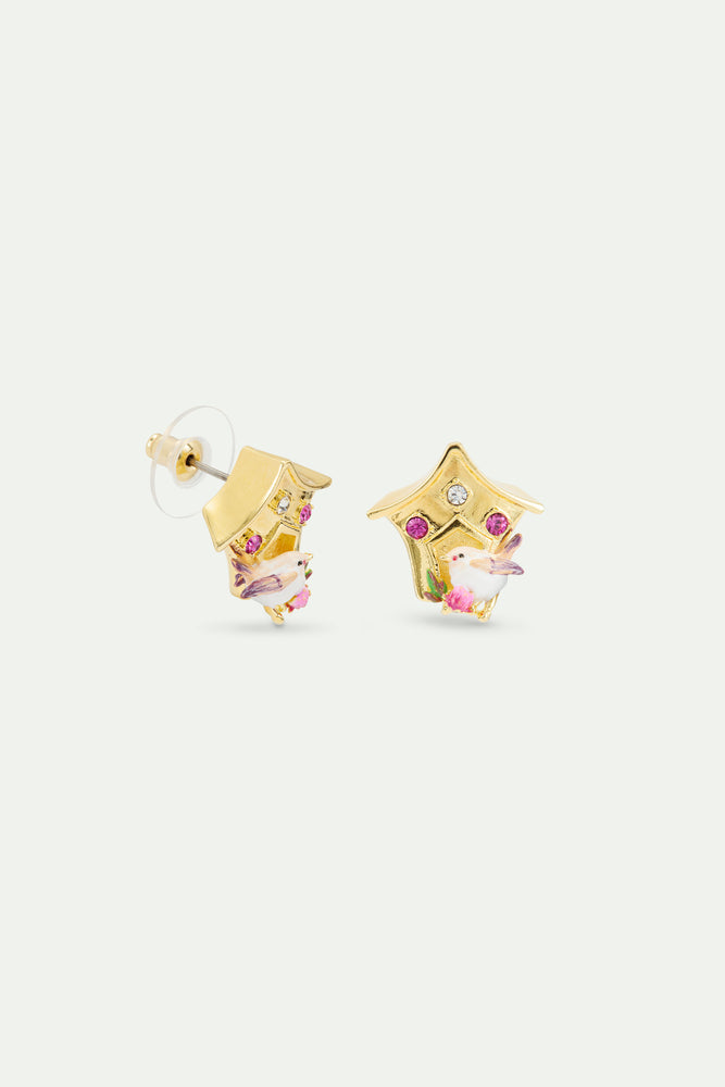 Birdhouse Post Earrings, with Snow Bunting and Pink Crystals