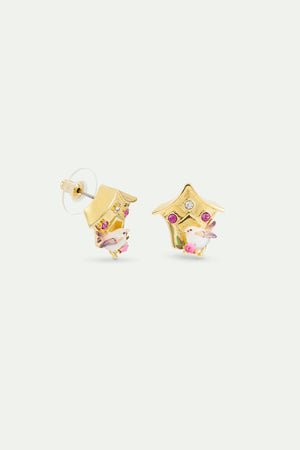 Birdhouse Post Earrings, with Snow Bunting and Pink Crystals