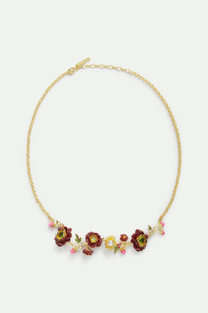 Statement Necklace with Burgundy Anemone Flowers, Rose Buds and Green Faceted Stones